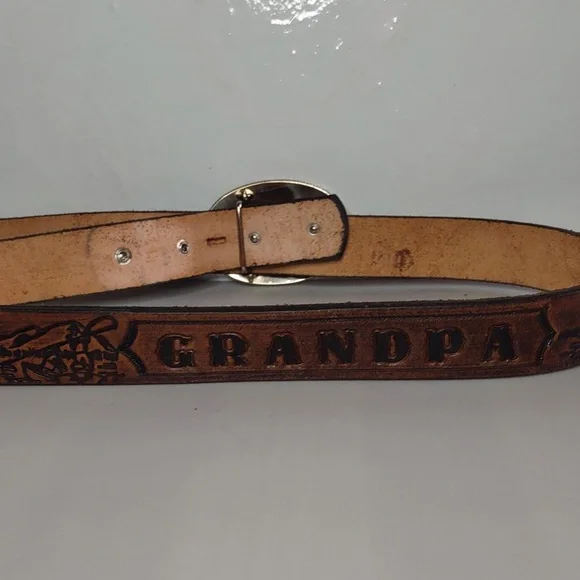 MONTANA SILVERSMITHS western leather belt Grandpa embossed buckle removable - Picture 6 of 12
